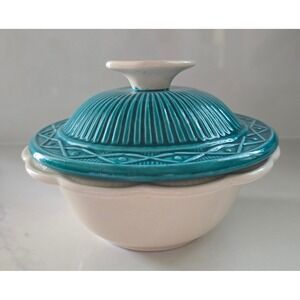 Vintage Calif USA S-16 Lidded Bowl Teal Blue Cream Scalloped Ceramic Candy Dish